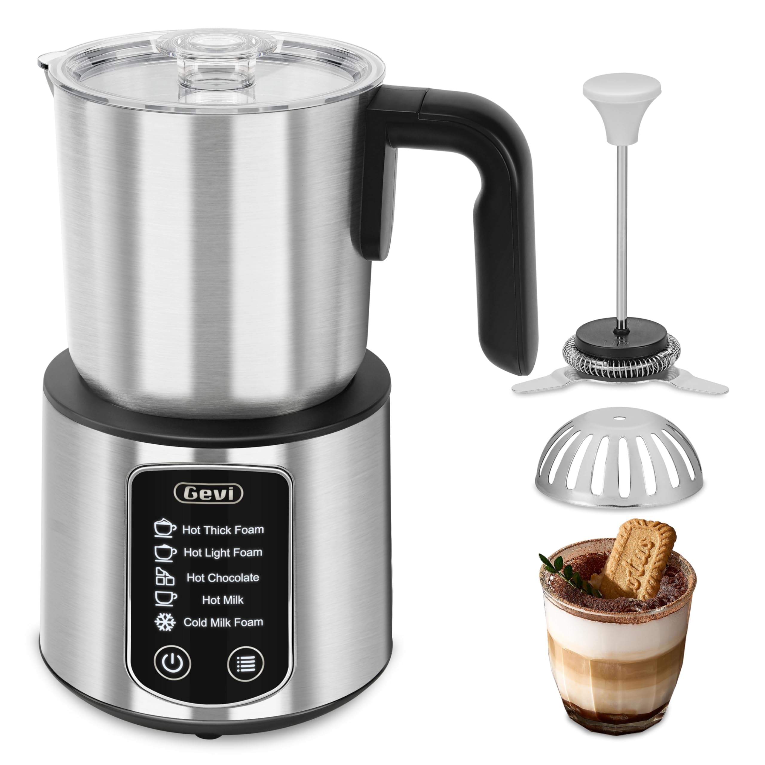 Gevi 5 in 1 Hot Chocolate Maker - Milk Frother and Steamer for Hot and Cold Beverages, Stainless Steel, 17 oz and |5 oz